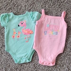 Kids One-Piece Bodysuits - Mint Flamingo & Pink 'Little Genius' (Pack of 2)